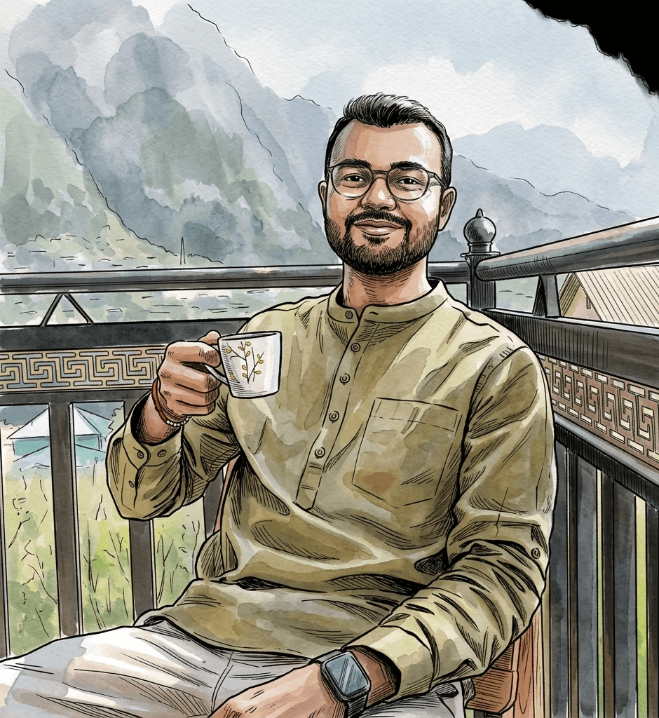 Illustrated portrait of Rahul Maurya holding a cup of chai on a mountain balcony